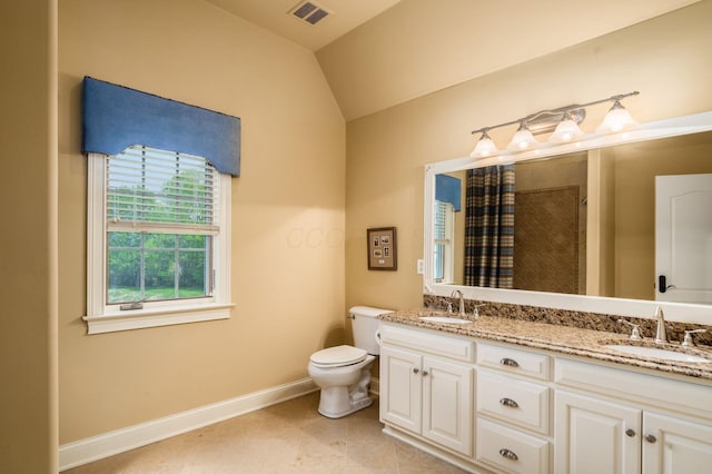 10577 Wellington Blvd, Powell, OH 43065 - full bath with baseboards, toilet, lofted ceiling, tile patterned floors, and a shower with curtain