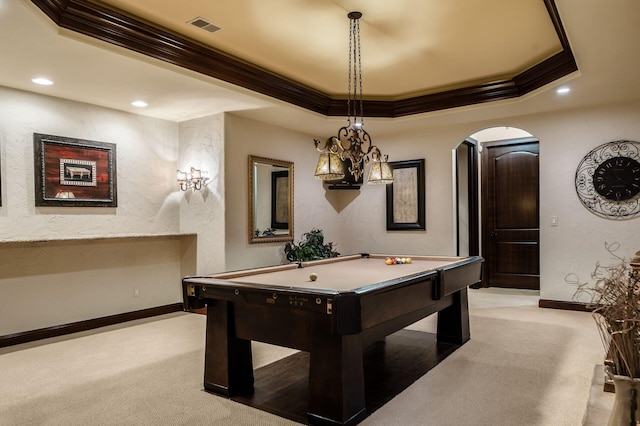 10577 Wellington Blvd, Powell, OH 43065 - recreation room with light colored carpet, crown molding, arched walkways, billiards, and a raised ceiling