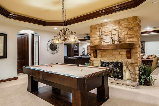 10577 Wellington Blvd, Powell, OH 43065 - playroom featuring crown molding, a tray ceiling, light colored carpet, billiards, and arched walkways