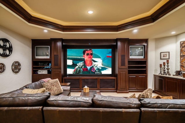 10577 Wellington Blvd, Powell, OH 43065 - home theater room with ornamental molding, a raised ceiling, and recessed lighting