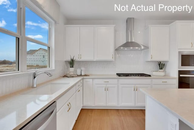 kitchen featuring wall chimney range hood, white cabinetry, stainless steel appliances, and a sink