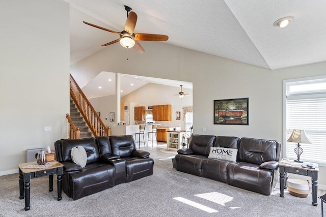 living room with recessed lighting, stairway, light colored carpet, and a ceiling fan
