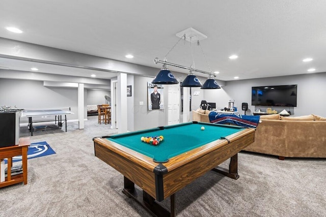 recreation room featuring billiards, recessed lighting, and carpet flooring