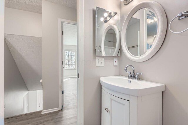 3225 Bellerive Dr, Pickerington, OH 43147 - bathroom featuring vanity, a textured ceiling, and wood finished floors