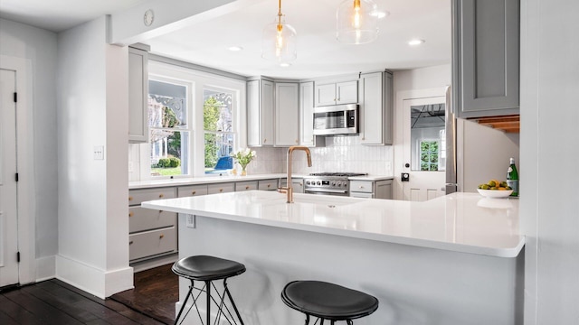 134 N Pearl St, Granville, OH 43023 - kitchen featuring recessed lighting, stainless steel appliances, tasteful backsplash, gray cabinetry, and dark wood finished floors