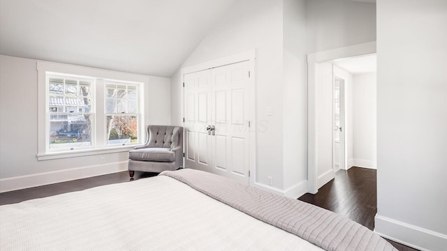 134 N Pearl St, Granville, OH 43023 - bedroom with dark wood finished floors, baseboards, a closet, and vaulted ceiling
