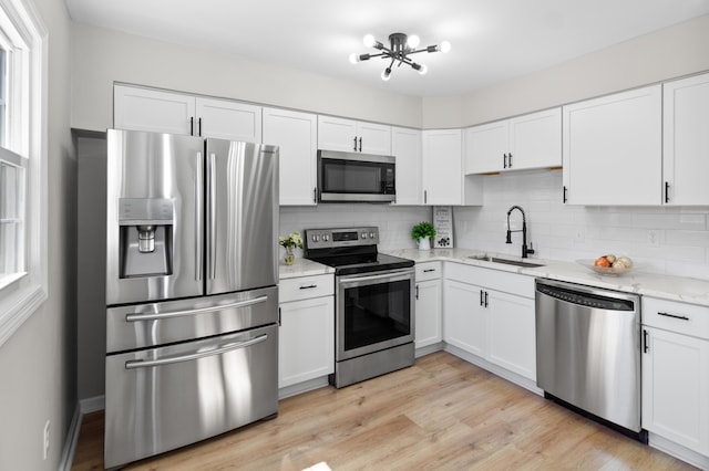 kitchen with appliances with stainless steel finishes, white cabinets, light stone countertops, decorative backsplash, and a sink