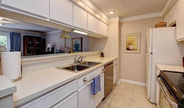 kitchen with a sink, stainless steel dishwasher, light countertops, white cabinetry, and a textured ceiling