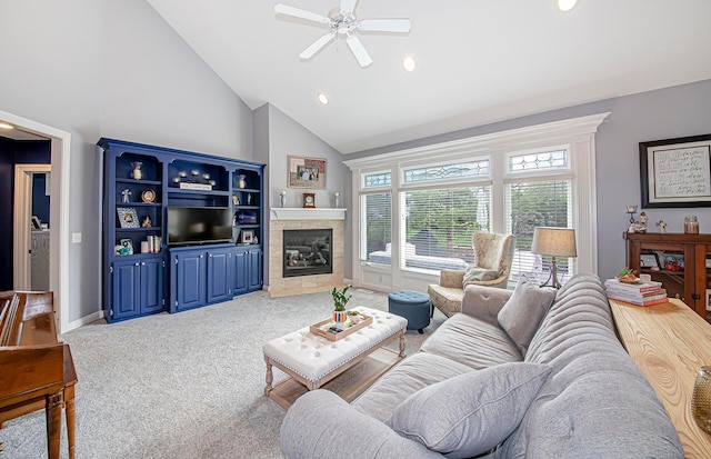 carpeted living room featuring baseboards, ceiling fan, a fireplace, recessed lighting, and high vaulted ceiling