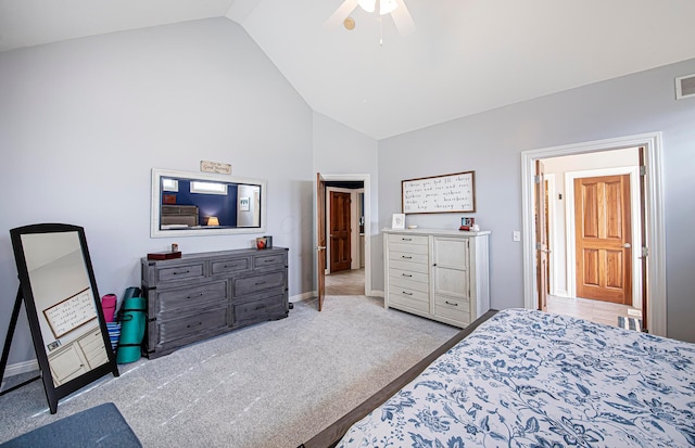 bedroom with visible vents, baseboards, a ceiling fan, high vaulted ceiling, and carpet flooring