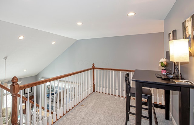 corridor with recessed lighting, carpet flooring, and lofted ceiling