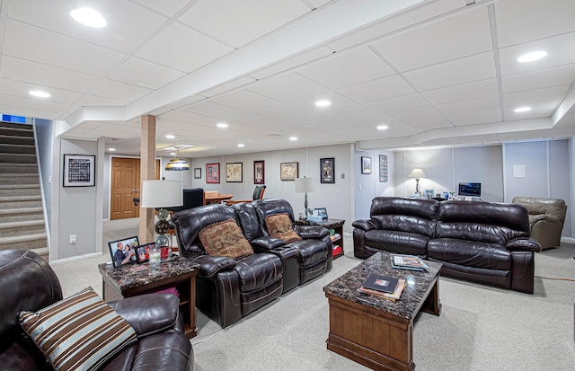 living area with baseboards, stairway, carpet flooring, and recessed lighting