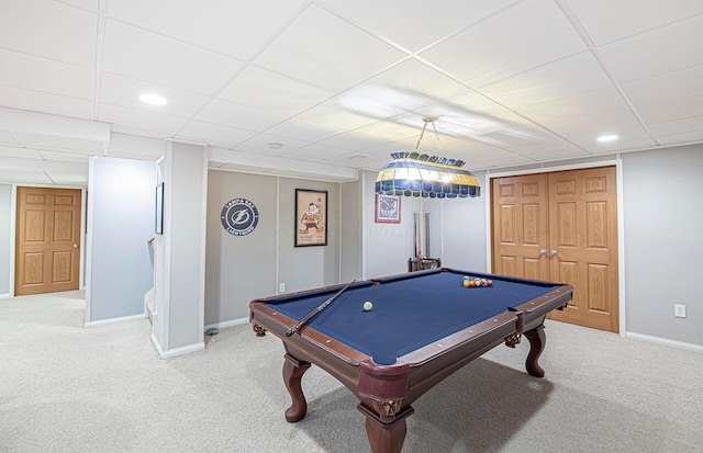 playroom featuring carpet flooring, baseboards, billiards, and a drop ceiling