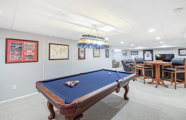rec room with recessed lighting, carpet flooring, a paneled ceiling, and billiards