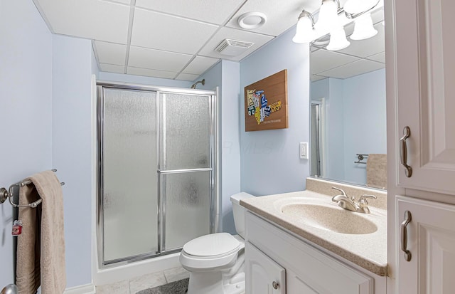 full bath featuring visible vents, a shower stall, vanity, and tile patterned flooring