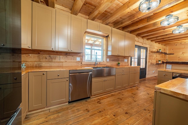 kitchen with a sink, wood ceiling, beam ceiling, light wood finished floors, and stainless steel dishwasher