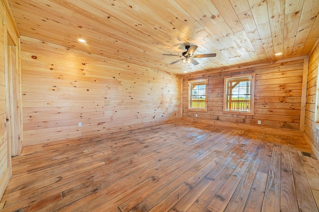 unfurnished room with visible vents, a ceiling fan, wood ceiling, wooden walls, and wood-type flooring
