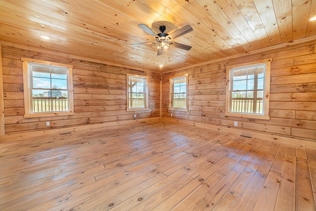 empty room with wooden ceiling, wooden walls, a ceiling fan, and hardwood / wood-style flooring