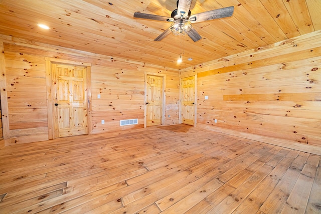 unfurnished room featuring ceiling fan, visible vents, light wood-type flooring, and wood ceiling