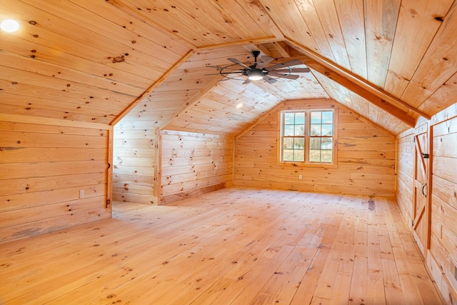 additional living space featuring wooden walls, wood-type flooring, vaulted ceiling, and wood ceiling