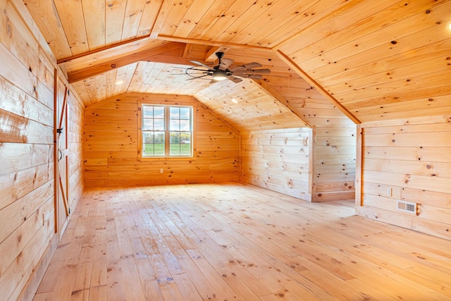 additional living space with wooden ceiling, wood walls, lofted ceiling, and hardwood / wood-style flooring