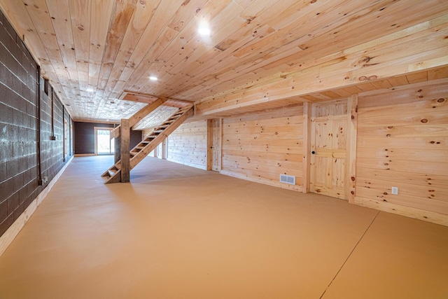 bonus room featuring visible vents, wooden ceiling, finished concrete flooring, stairs, and wood walls