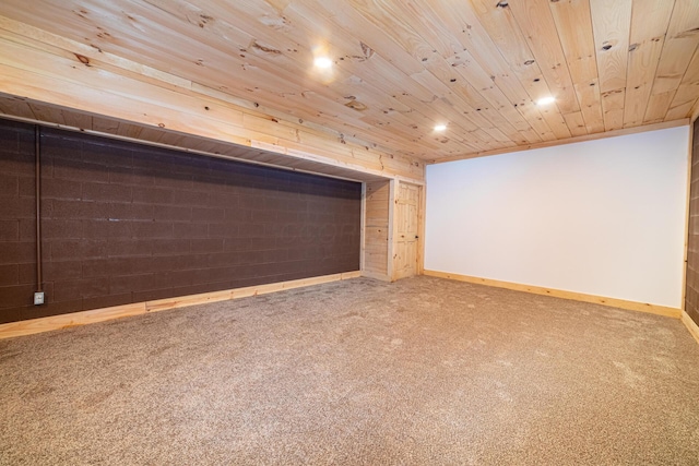 interior space featuring baseboards, recessed lighting, wooden ceiling, and carpet