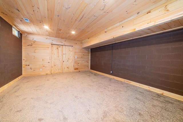 additional living space with carpet flooring, wooden ceiling, and wooden walls