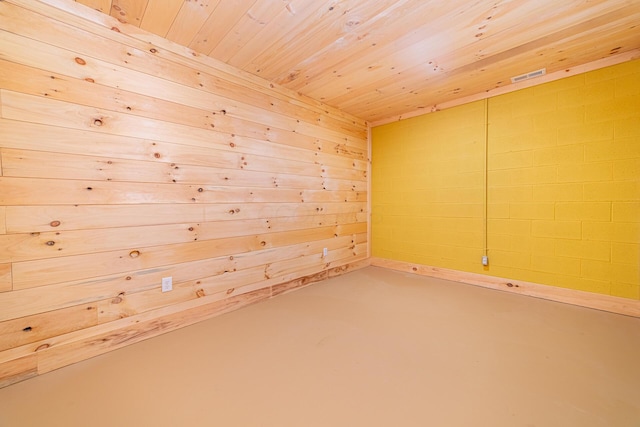 empty room featuring wood ceiling and concrete flooring
