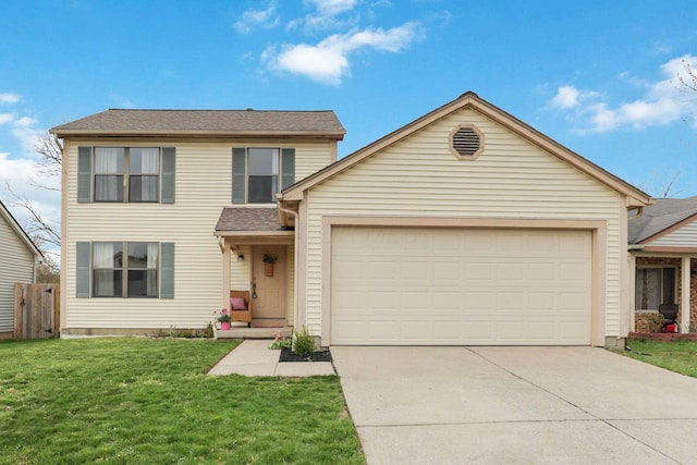 1581 Ringfield Dr, Galloway, OH 43119 - traditional home featuring a garage, fence, a front lawn, driveway, and roof with shingles