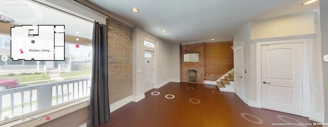 444 S 22nd St, Columbus, OH 43205 - entryway featuring baseboards, dark wood-style floors, recessed lighting, stairway, and a fireplace