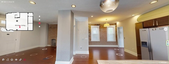 444 S 22nd St, Columbus, OH 43205 - kitchen with refrigerator with ice dispenser, wood finished floors, baseboards, recessed lighting, and a fireplace