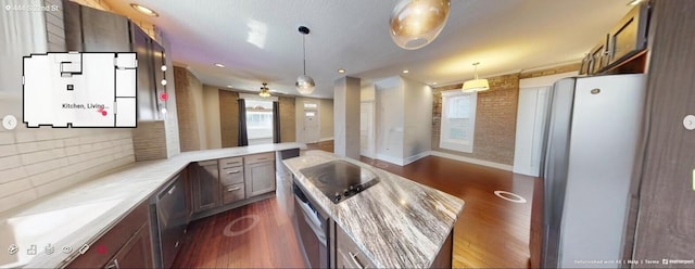 444 S 22nd St, Columbus, OH 43205 - kitchen featuring freestanding refrigerator, dark wood-style floors, light countertops, black electric stovetop, and recessed lighting