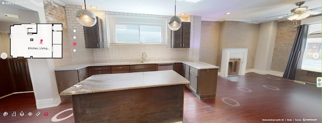 444 S 22nd St, Columbus, OH 43205 - kitchen with dark wood-style floors, light countertops, a ceiling fan, baseboards, and recessed lighting