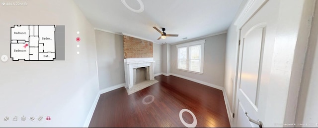 444 S 22nd St, Columbus, OH 43205 - unfurnished living room with a ceiling fan, a fireplace, wood finished floors, baseboards, and ornamental molding