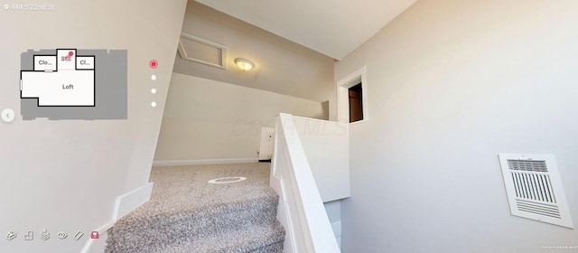 444 S 22nd St, Columbus, OH 43205 - stairs featuring lofted ceiling, carpet, and baseboards