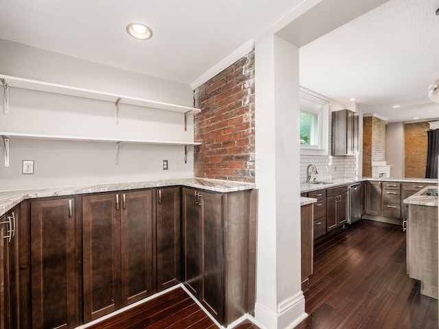 444 S 22nd St, Columbus, OH 43205 - kitchen with open shelves, a sink, dark wood-style floors, light stone countertops, and dark brown cabinets