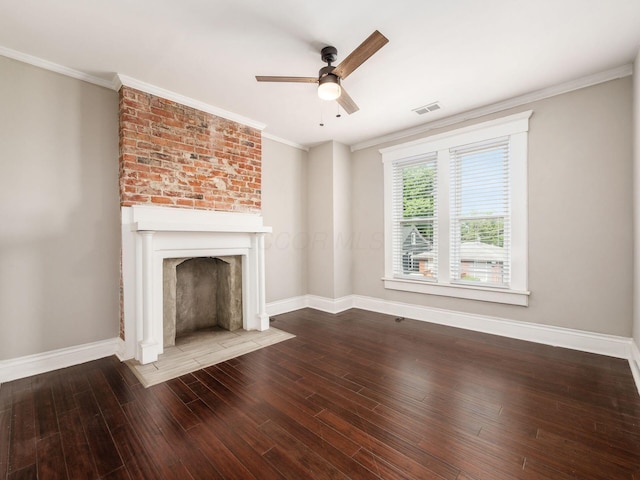 444 S 22nd St, Columbus, OH 43205 - unfurnished living room with baseboards, ceiling fan, a fireplace, wood finished floors, and crown molding