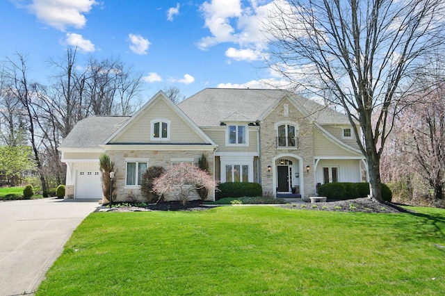 6795 Macneil Dr, Dublin, OH 43017 - view of front of house featuring an attached garage, driveway, stone siding, and a front lawn