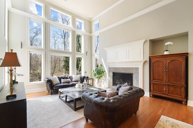 6795 Macneil Dr, Dublin, OH 43017 - living area featuring a premium fireplace, crown molding, wood finished floors, and baseboards