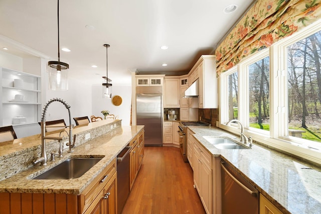 6795 Macneil Dr, Dublin, OH 43017 - kitchen with a sink, under cabinet range hood, wood finished floors, and premium appliances