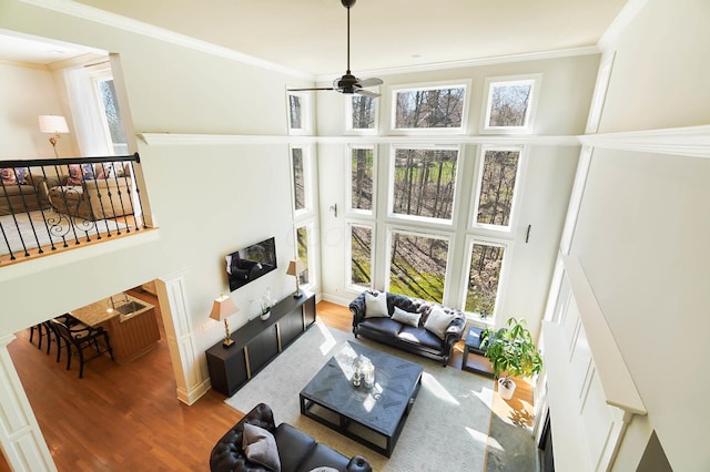 6795 Macneil Dr, Dublin, OH 43017 - living area with a towering ceiling, baseboards, ornamental molding, a ceiling fan, and wood finished floors
