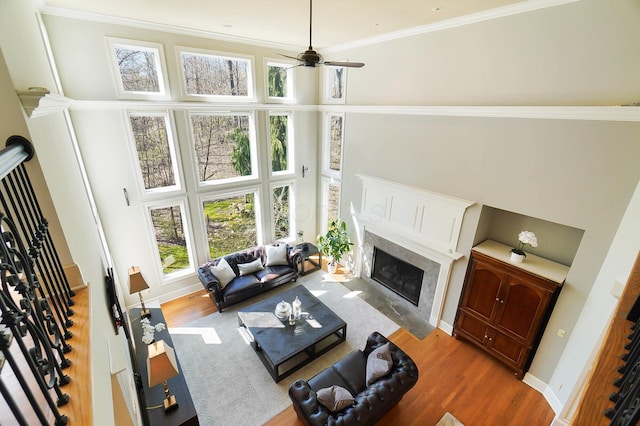 6795 Macneil Dr, Dublin, OH 43017 - living room with baseboards, ornamental molding, ceiling fan, wood finished floors, and a premium fireplace