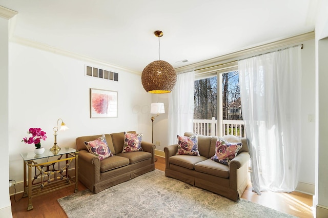 6795 Macneil Dr, Dublin, OH 43017 - living area with crown molding, wood finished floors, baseboards, and visible vents