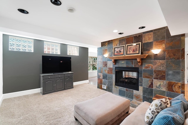 6795 Macneil Dr, Dublin, OH 43017 - living room with light carpet, a fireplace, baseboards, and recessed lighting