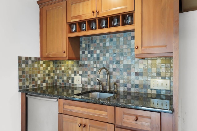 6795 Macneil Dr, Dublin, OH 43017 - kitchen with dark stone countertops, backsplash, open shelves, brown cabinets, and a sink