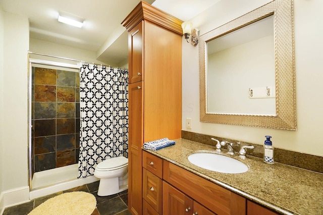 6795 Macneil Dr, Dublin, OH 43017 - bathroom with toilet, tiled shower, tile patterned flooring, and vanity
