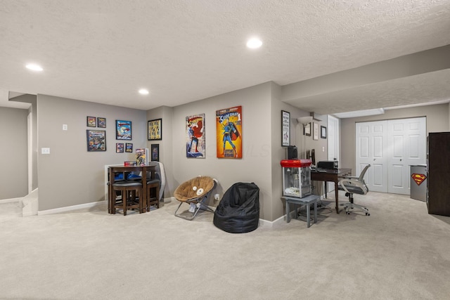 rec room featuring baseboards, carpet flooring, recessed lighting, and a textured ceiling