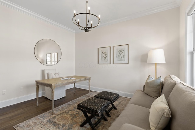 living room with wood finished floors, baseboards, a chandelier, and ornamental molding