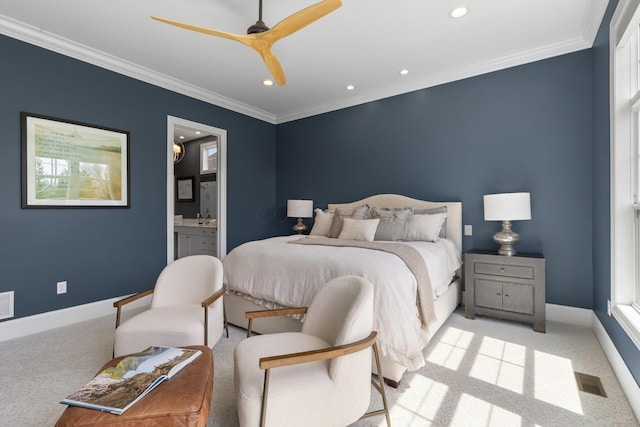 bedroom featuring light colored carpet, baseboards, crown molding, and recessed lighting